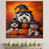 Havanese Dog Halloween Canvas Wall Art with Pumpkins Rustic Fall Farmhouse Decor for Cozy Autumn Homes on Ready to Hang 1.5" Thick Canvas Wrap, Floating Framed Canvas, Flat Rolled Canvas